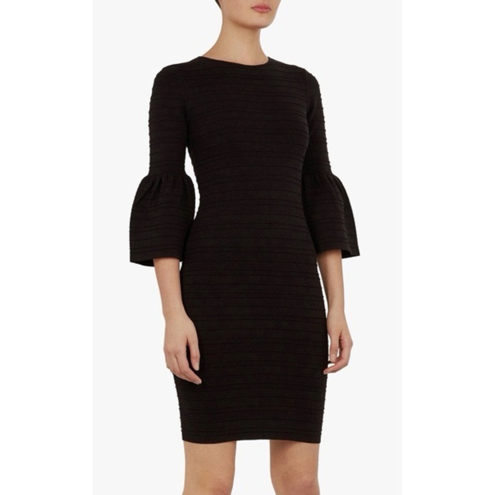 Ted Baker Black Bodycon Dress Size 2 Holiday Party Bell Sleeve Cocktail LBD